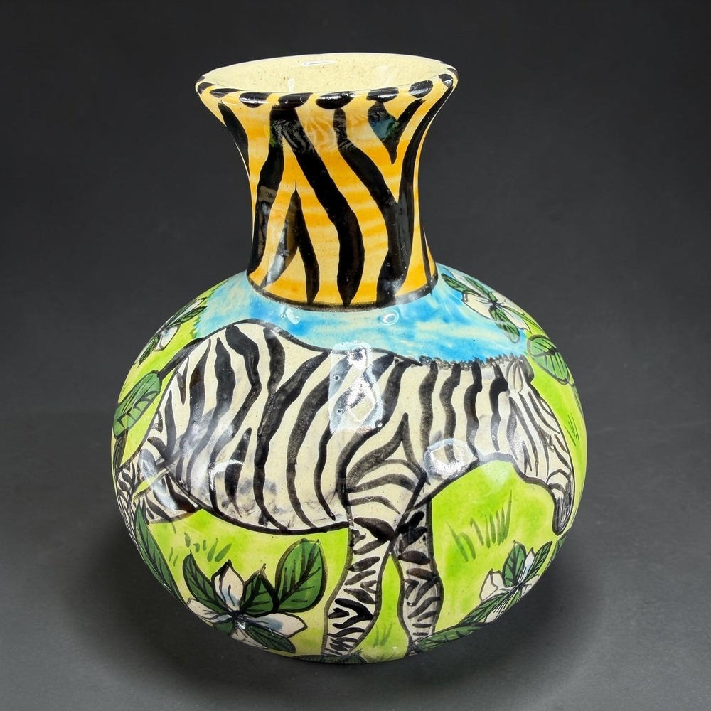 Water Berry Zimbabwe Hand Crafted Ceramic Zebra Bud Vase Hand Painted 4inch